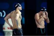 15 December 2024; Evan Bailey of Ireland, left, before the Men's 200m freestyle heat on day six of the World Aquatics Swimming Championships (25m) at the Duna Arena in Budapest, Hungary. Photo by Nikola Krstic/Sportsfile