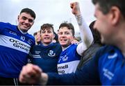 15 December 2024; Sarsfields players, from left, James Sweeney, William Kearney and Daniel Kearney celebrate after their side's victory in the AIB GAA Hurling All-Ireland Senior Club Championship semi-final match between Sarsfields of Cork and Slaughtneil of Derry at Cedral St Conleth's Park in Newbridge, Kildare. Photo by Piaras Ó Mídheach/Sportsfile