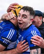 15 December 2024; Sarsfields players Shane O'Regan and Aaron Myres celebrate after their side's victory in the AIB GAA Hurling All-Ireland Senior Club Championship semi-final match between Sarsfields of Cork and Slaughtneil of Derry at Cedral St Conleth's Park in Newbridge, Kildare. Photo by Piaras Ó Mídheach/Sportsfile