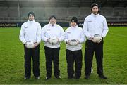15 December 2024; Umpires before the 2024 AIB All-Ireland Ladies Junior Club Football Championship Final match between Mungret St Paul’s, Limerick, and Na Dúnaibh, Donegal, at Parnell Park in Dublin. Photo by Seb Daly/Sportsfile