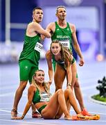 2 August 2024; Team Ireland relay team, from left, Chris O’Donnell, Sharlene Mawdsley, Sophie Becker and Thomas Barr after the 4x400m mixed relay round 1 at the Stade de France during the 2024 Paris Summer Olympic Games in Paris, France. Photo by Sam Barnes/Sportsfile