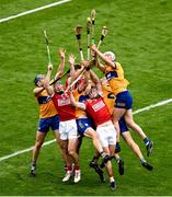 21 July 2024; Cork players, left to right, Robbie O'Flynn, Brian Hayes, and Darragh Fitzgibbon in action against Clare players, left to right, David McInerney, John Conlon, Darragh Lohan, and Diarmuid Ryan, during the GAA Hurling All-Ireland Senior Championship Final between Clare and Cork at Croke Park in Dublin. Photo by Daire Brennan/Sportsfile