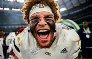 24 August 2024; Georgia Tech Yellow Jackets linebacker Kyle Efford celebrates after the 2024 Aer Lingus College Football Classic match between Florida State and Georgia Tech at Aviva Stadium in Dublin. Photo by David Fitzgerald/Sportsfile