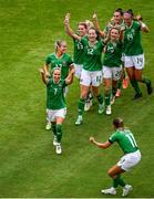 16 July 2024; Julie-Ann Russell of Republic of Ireland, 7, celebrates with teammates after scoring their side's second goal during the 2025 UEFA Women's European Championship qualifying group A match between Republic of Ireland and France at Páirc Uí Chaoimh in Cork. Photo by Shauna Clinton/Sportsfile