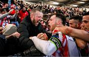 16 February 2024; Cameron McJannet of Derry City celebrates his side's second goal, scored by Patrick Hoban, during the SSE Airtricity Men's Premier Division match between Derry City and Drogheda United at The Ryan McBride Brandywell Stadium in Derry. Photo by Ramsey Cardy/Sportsfile