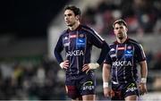 14 December 2024; Joey Carbery, left, and Arthur Retiere of Bordeaux-Begles during the Champions Cup Pool 1 match between Ulster and Bordeaux Begles at Kingspan Stadium in Belfast. Photo by Ramsey Cardy/Sportsfile
