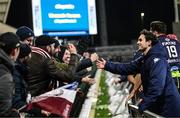 14 December 2024; Joey Carbery with Bordeaux-Begles supporters after the Champions Cup Pool 1 match between Ulster and Bordeaux Begles at Kingspan Stadium in Belfast. Photo by Ramsey Cardy/Sportsfile