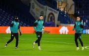 18 December 2024; Shamrock Rovers players, from left, Sean Kavanagh, Neil Farrugia and Aaron McEneff during a Shamrock Rovers training session at Stamford Bridge in London, England. Photo by Harry Murphy/Sportsfile