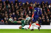 19 December 2024; Johnny Kenny of Shamrock Rovers has a shot on goal during the UEFA Conference League 2024/25 league phase match between Chelsea and Shamrock Rovers at Stamford Bridge in London, England. Photo by Harry Murphy/Sportsfile