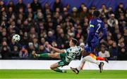 19 December 2024; Johnny Kenny of Shamrock Rovers has a shot on goal during the UEFA Conference League 2024/25 league phase match between Chelsea and Shamrock Rovers at Stamford Bridge in London, England. Photo by Harry Murphy/Sportsfile