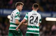 19 December 2024; Markus Poom of Shamrock Rovers celebrates with teammate Johnny Kenny, right, after scoring their side's first goal during the UEFA Conference League 2024/25 league phase match between Chelsea and Shamrock Rovers at Stamford Bridge in London, England. Photo by Harry Murphy/Sportsfile