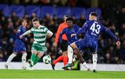 19 December 2024; Jack Byrne of Shamrock Rovers in action against Harvey Vale of Chelsea during the UEFA Conference League 2024/25 league phase match between Chelsea and Shamrock Rovers at Stamford Bridge in London, England. Photo by Harry Murphy/Sportsfile