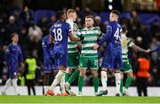 19 December 2024; Jack Byrne of Shamrock Rovers with Christopher Nkunku, left, and Harvey Vale of Chelsea after the UEFA Conference League 2024/25 league phase match between Chelsea and Shamrock Rovers at Stamford Bridge in London, England. Photo by Harry Murphy/Sportsfile