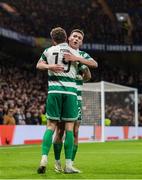 19 December 2024; Markus Poom of Shamrock Rovers celebrates with teammate Johnny Kenny after scoring their side's first goal during the UEFA Conference League 2024/25 league phase match between Chelsea and Shamrock Rovers at Stamford Bridge in London, England. Photo by Harry Murphy/Sportsfile