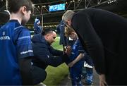 21 December 2024; Leinster mascot Kevin Menton with James Lowe before the United Rugby Championship match between Leinster and Connacht at the Aviva Stadium in Dublin. Photo by Brendan Moran/Sportsfile