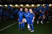 21 December 2024; Leinster captain Jack Conan with mascots Douglas Geddes and Kevin Menton before the United Rugby Championship match between Leinster and Connacht at the Aviva Stadium in Dublin. Photo by Brendan Moran/Sportsfile