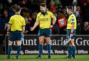 20 December 2024; Referee Ben Whitehouse, centre, with assistant referees Andrew Cole and Assistant Referee Sam Holt during the United Rugby Championship match between Ulster and Munster at Kingspan Stadium in Belfast. Photo by Ramsey Cardy/Sportsfile