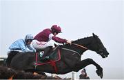 27 December 2024; Wendrock, with Sam Ewing up, jump the last on their way to winning the Paddy Power 3-Y-O Maiden Hurdle on day two of the Leopardstown Christmas Festival at Leopardstown Racecourse in Dublin. Photo by David Fitzgerald/Sportsfile