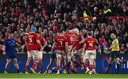27 December 2024; Fineen Wycherley of Munster, second from right, celebrates his side winning a penalty during the United Rugby Championship match between Munster and Leinster at Thomond Park in Limerick. Photo by Seb Daly/Sportsfile