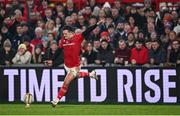 27 December 2024; Billy Burns of Munster   kicks a conversion during the United Rugby Championship match between Munster and Leinster at Thomond Park in Limerick. Photo by Seb Daly/Sportsfile