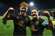 28 December 2024; Rory Telfer, left, and Michael Lowry of Ulster celebrate after their side's victory in the United Rugby Championship match between Connacht and Ulster at the Dexcom Stadium in Galway. Photo by Seb Daly/Sportsfile