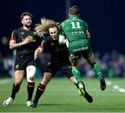 28 December 2024; Santiago Cordero of Connacht is tackled by Werner Kok of Ulster during  the United Rugby Championship match between Connacht and Ulster at the Dexcom Stadium in Galway. Photo by John Dickson/Sportsfile