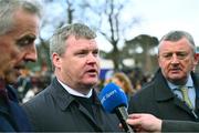 29 December 2024; Trainer Gordon Elliott, centre, is interviewed by RTÉ Sport after sending Brighterdaysahead out to win the the Neville Hotels Hurdle on day four of the Leopardstown Christmas Festival at Leopardstown Racecourse in Dublin. Photo by Shauna Clinton/Sportsfile