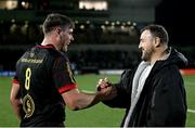 28 December 2024; Ulster players James McNabney, left, and Rob Herring after their side's victory in the United Rugby Championship match between Connacht and Ulster at the Dexcom Stadium in Galway. Photo by Seb Daly/Sportsfile