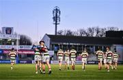 7 January 2025; Rory O'Dowd, left, and Matthew Houlihane of St Columba’s College celebrate a try for their side during the Bank of Ireland Leinster Rugby Boys Schools Vinnie Murray Cup 1st Round match between St Columba’s College and Wilson’s Hospital School at Energia Park in Dublin. Photo by Ben McShane/Sportsfile