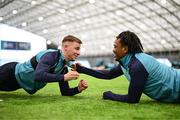 10 January 2025; Brandon Kavanagh, left, and Jason Folarin Oyenuga during a St Patrick's Athletic pre-season training session at the National Indoor Arena on the Sport Ireland Campus in Dublin. Photo by Stephen McCarthy/Sportsfile