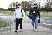 10 January 2025; Ryan McLaughlin, left, and goalkeeper Danny Rodgers arrive for a St Patrick's Athletic pre-season training session at the National Indoor Arena on the Sport Ireland Campus in Dublin. Photo by Stephen McCarthy/Sportsfile