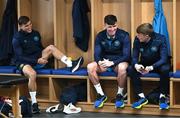 10 January 2025; Players, from left, Anto Breslin, Joe Redmond and Chris Forrester during a St Patrick's Athletic pre-season training session at the National Indoor Arena on the Sport Ireland Campus in Dublin. Photo by Stephen McCarthy/Sportsfile