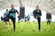 10 January 2025; Aaron Bolger and Brandon Kavanagh, right, during a St Patrick's Athletic pre-season training session at the National Indoor Arena on the Sport Ireland Campus in Dublin. Photo by Stephen McCarthy/Sportsfile