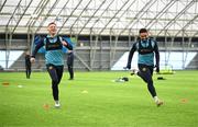10 January 2025; Brandon Kavanagh, left, and Jake Mulraney during a St Patrick's Athletic pre-season training session at the National Indoor Arena on the Sport Ireland Campus in Dublin. Photo by Stephen McCarthy/Sportsfile