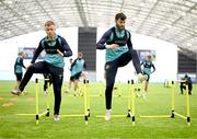 10 January 2025; Brandon Kavanagh and Aidan Keena, right, during a St Patrick's Athletic pre-season training session at the National Indoor Arena on the Sport Ireland Campus in Dublin. Photo by Stephen McCarthy/Sportsfile