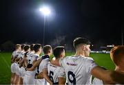 4 January 2025; Kildare players, including Callum Bolton, 9, stand for Amhrán na bhFiann before the Intercounty Football Challenge match between Kildare and Galway at Cedral St Conleth's Park in Newbridge, Kildare. Photo by Piaras Ó Mídheach/Sportsfile