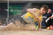 11 January 2025; Darragh Fahy of Loughrea AC, Galway, competes in the men's long jump during day one of the 123.ie National Indoor AAI Games and Combined Events at the National Indoor Arena on the Sport Ireland Campus in Dublin. Photo by Sam Barnes/Sportsfile