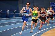 11 January 2025; Matteo Mary of Waterford AC, left, leads the field in the men's 1500m during day one of the 123.ie National Indoor AAI Games and Combined Events at the National Indoor Arena on the Sport Ireland Campus in Dublin. Photo by Sam Barnes/Sportsfile
