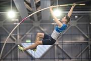 11 January 2025; Matthew Callinan Keenan of St Laurence O'Toole AC, Carlow, competes in the men's pole vault during day one of the 123.ie National Indoor AAI Games and Combined Events at the National Indoor Arena on the Sport Ireland Campus in Dublin. Photo by Sam Barnes/Sportsfile
