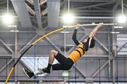 11 January 2025; Joshua Fitzgerald of Leevale AC, Cork, competes in the men's pole vault during day one of the 123.ie National Indoor AAI Games and Combined Events at the National Indoor Arena on the Sport Ireland Campus in Dublin. Photo by Sam Barnes/Sportsfile