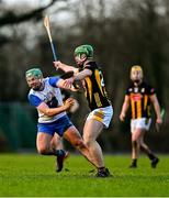 11 January 2025; Jack Prendergast of Waterford is tackled by Tommy Walsh of Kilkenny during the Intercounty Hurling Challenge Match between Kilkenny and Waterford at Piltown GAA Club in Kilkenny. Photo by Tyler Miller/Sportsfile