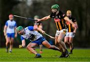 11 January 2025; Jack Prendergast of Waterford is tackled by Tommy Walsh of Kilkenny during the Intercounty Hurling Challenge Match between Kilkenny and Waterford at Piltown GAA Club in Kilkenny. Photo by Tyler Miller/Sportsfile