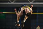 11 January 2025; Jack Forde of St Killians AC, Wexford, competes in the high jump event of the men's senior men heptathlon during day one of the 123.ie National Indoor AAI Games and Combined Events at the National Indoor Arena on the Sport Ireland Campus in Dublin. Photo by Sam Barnes/Sportsfile