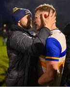 11 January 2025; Peter Óg McCartan of Errigal Ciarán celebrates with a supporter after his side's victory in the AIB GAA Football All-Ireland Senior Club Championship semi-final match between Dr Crokes and Errigal Ciarán at Cedral St Conleth's Park in Newbridge, Kildare. Photo by Piaras Ó Mídheach/Sportsfile