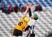 12 January 2025; Eoghan O'Sullivan of Russell Rovers wins possession ahead of Shane Donnelly of St Lachtain's during the AIB GAA Hurling All-Ireland Junior Club Championship final match between St Lachtain's of Kilkenny and Russell Rovers of Cork at Croke Park in Dublin. Photo by Piaras Ó Mídheach/Sportsfile