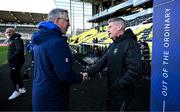 12 January 2025; Stade Rochelais head coach Ronan O'Gara, right, meets Leinster chief operations officer Guy Easterby before the Investec Champions Cup Pool 2 match between Stade Rochelais and Leinster at Stade Marcel Deflandre in La Rochelle, France. Photo by Brendan Moran/Sportsfile