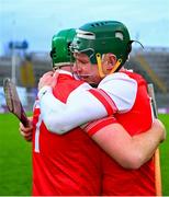 12 January 2025; Watergrasshill players Shane O'Regan, right, and James McCarthy celebrate after their side's victory in the AIB GAA Hurling All-Ireland Intermediate Club Championship final match between Tynagh/Abbey-Duniry of Galway and Watergrasshill of Cork at Croke Park in Dublin. Photo by Shauna Clinton/Sportsfile