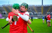 12 January 2025; Watergrasshill players Shane O'Regan, right, and James McCarthy celebrate after their side's victory in the AIB GAA Hurling All-Ireland Intermediate Club Championship final match between Tynagh/Abbey-Duniry of Galway and Watergrasshill of Cork at Croke Park in Dublin. Photo by Shauna Clinton/Sportsfile