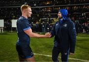 12 January 2025; Ciarán Frawley, left, and Hugo Keenan of Leinster celebrate after the Investec Champions Cup Pool 2 match between Stade Rochelais and Leinster at Stade Marcel Deflandre in La Rochelle, France. Photo by Brendan Moran/Sportsfile