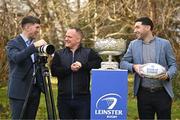 16 January 2025; Leinster Rugby and WiiStream have this morning announced a new partnership that sees the Cork-based company become the new streaming partner of Leinster. The new partnership begins next week with Round 1 of the Bank of Ireland Leinster Rugby Schools Senior Cup between St Gerard’s and St Michael’s in Energia Park, and will include a further six first round games as well as other games and finals across the domestic calendar in the weeks and months ahead. All games will be available on a new platform called, Leinster Rugby Plus, with games starting from €10. In attendance at the launch were WiiStream Co-Founders, Chief Executive Officer Patrick Magee, left, and Chief Operating Officer Fionn Herlihy, right, alongside Leinster Rugby Senior communications & media manager Marcus Ó Buachalla, centre, with the Leinster Schools Senior Challenge Cup at UCD in Dublin. Photo by Sam Barnes/Sportsfile